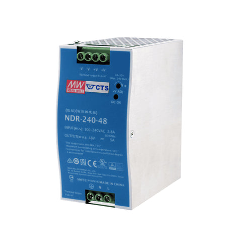 Mean Well NDR-240-48 DIN rail power supply, 240 W, 48 V DC, 5 A, high efficiency and reliable performance for industrial automation.