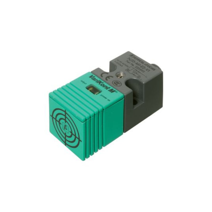 Pepperl+Fuchs NJ15-M1-E2-V1 M30 inductive sensor with 15 mm non-flush sensing range, PNP output, and IP67 rating for industrial automation.