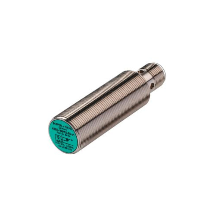 Pepperl+Fuchs NJ5-18GM50-A2-V1 inductive sensor, 5mm flush mount, PNP complementary output, M18 stainless steel housing, IP67 rated.