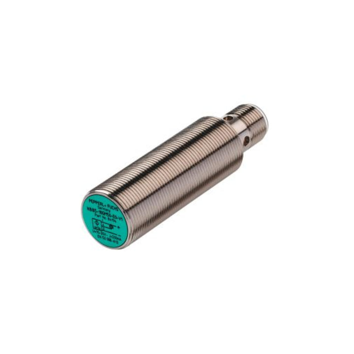 Pepperl+Fuchs NJ5-18GM50-E2-V1 M18 inductive proximity sensor with 5 mm flush sensing range, PNP NO output, and IP67 rating for industrial automation.