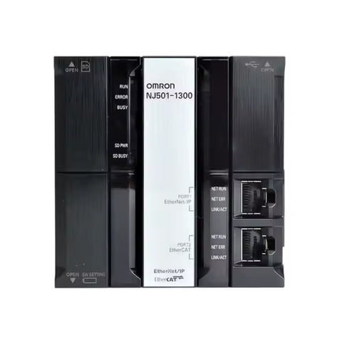 Omron NJ501-1300 machine automation controller with 16-axis motion control, OPC UA support, and EtherCAT/EtherNet/IP connectivity.