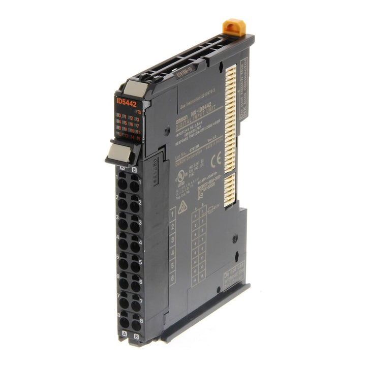 Omron NX-ID5442 digital input module with 16 PNP inputs, 24 VDC operation, and screwless push-in terminals for industrial automation systems.