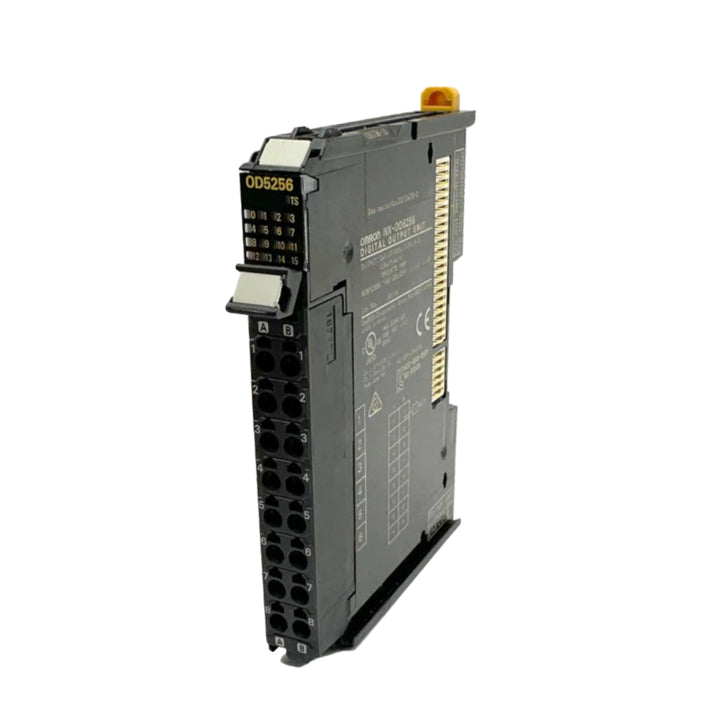 Omron NX-OD5256 digital output module with 16 PNP outputs, 24 VDC, 0.5 A per channel, and screwless push-in terminals for industrial automation systems.