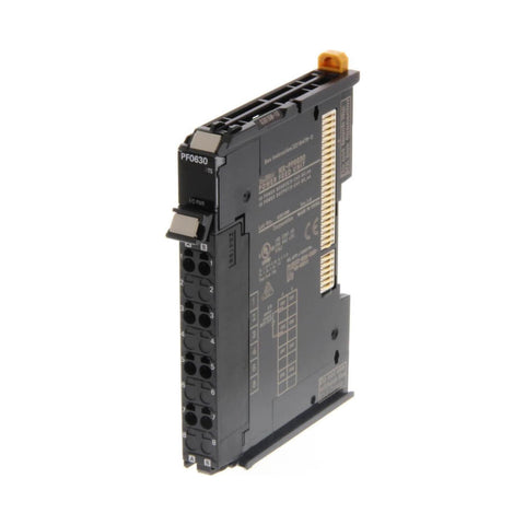 Omron NX-PF0630 power supply unit with 24V DC input and 30 W output for NX series systems. Compact DIN rail module with push-in terminals.