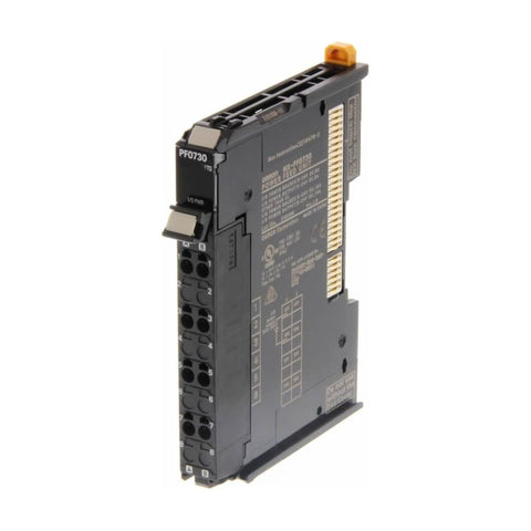 Omron NX-PF0730 power supply unit with 24 VDC input and 7 A output for NX Series I/O modules, compact DIN rail design with short-circuit protection.