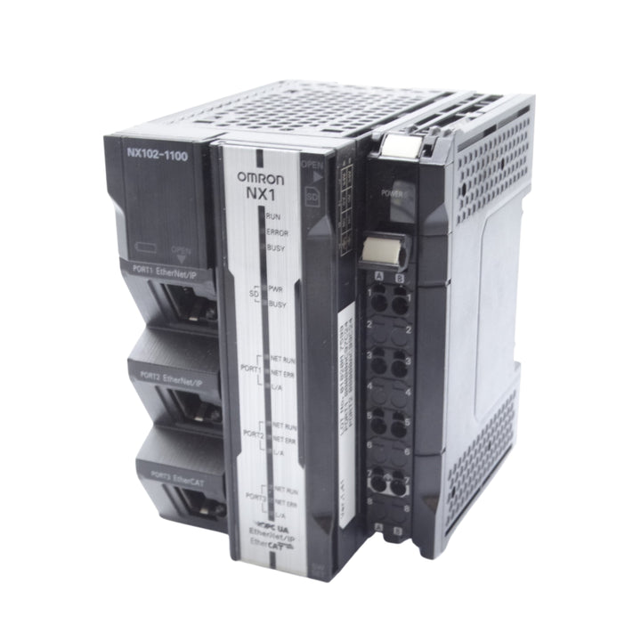 Omron NX102-1100 machine automation controller with support for 8 axes, 5 MB program memory, EtherCAT, EtherNet/IP, and OPC UA connectivity.
