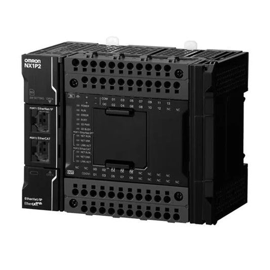 NX1P2-9024DT1 Omron Sysmac NX1P CPU with 24 Digital Transistor I/O (PNP), 1.5 MB memory, EtherCAT (0 servo axes, 4 PTP axes, 16 EtherCAT nodes), EtherNet/IP and 1 serial option port