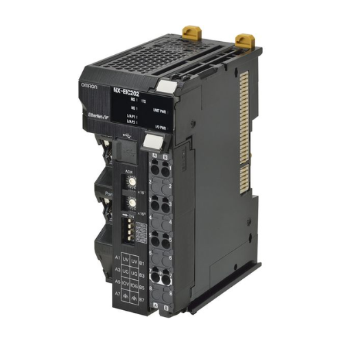 NX-EIC202 Acoplador EtherNet/IP Omron série NX, 2 portas, suporta segurança local, 63 unidades de E/S, corrente máxima de E/S de 10 A, conector push-in sem parafusos, fornecido com tampa final