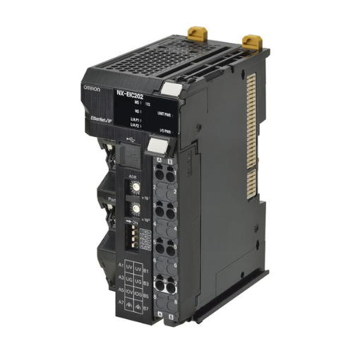 NX-EIC202 Acoplador EtherNet/IP de la serie NX de Omron, 2 puertos, compatible con seguridad local, 63 unidades de E/S, corriente de E/S máxima de 10 A, conector a presión sin tornillos, entregado con cubierta final