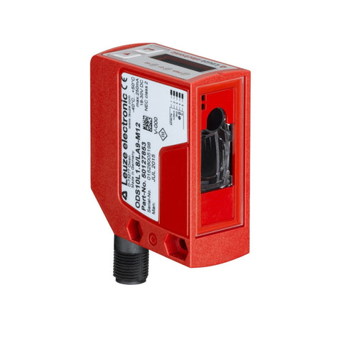 Leuze ODS10L1.8/LAK‑M12 optical distance sensor, laser range 100 mm–1.8 m, with M12 connector