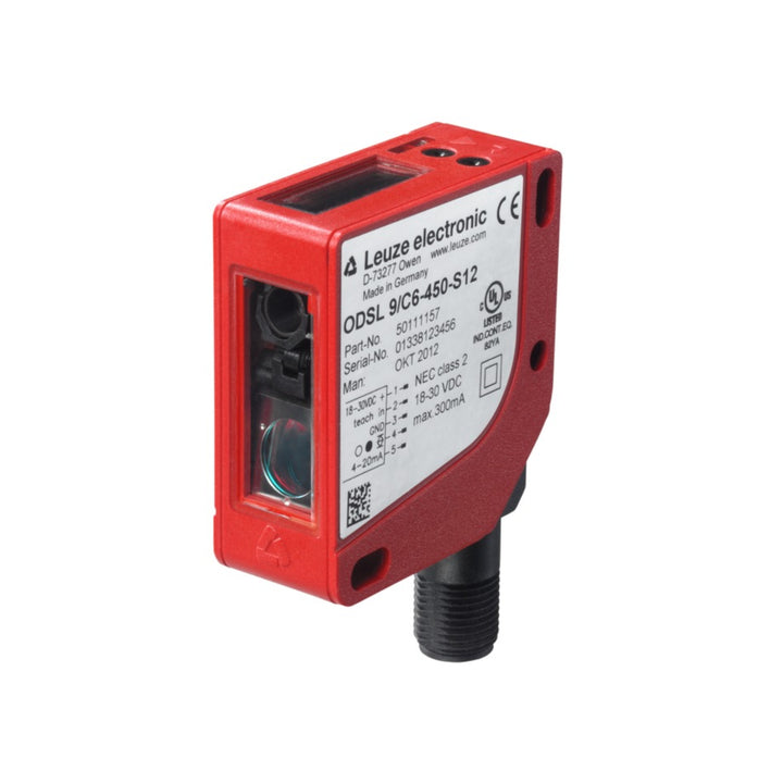 Leuze ODSL 9/C6‑450‑S12 optical sensor with 100–450 mm range, Class 2 laser, and M12 connector