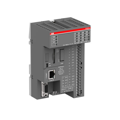 ABB PM554-TP-ETH compact AC500-eCo PLC with 12 digital inputs, 8 outputs, 2 analog inputs, and Ethernet for small automation applications.