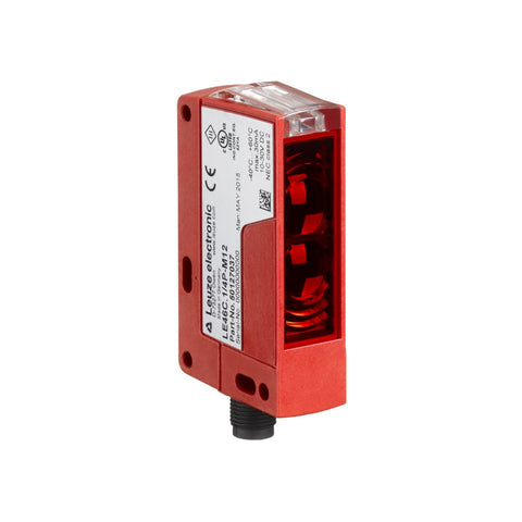 Leuze PRK46C.1/4P-M12 retro-reflective sensor, 18 m range, M12 connector, red light, IP67/IP69K