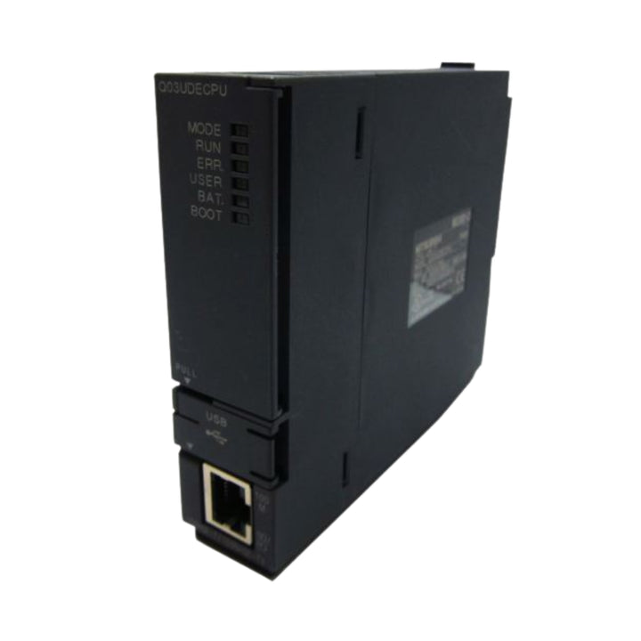 Mitsubishi Q03UDECPU PLC CPU module, Q Series, 9k steps, Ethernet and USB ports, universal-type controller.