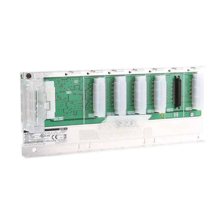 Mitsubishi Q35B 5-slot base unit for MELSEC-Q PLC, supports CPU, power, and I/O modules, DIN rail or panel mountable.