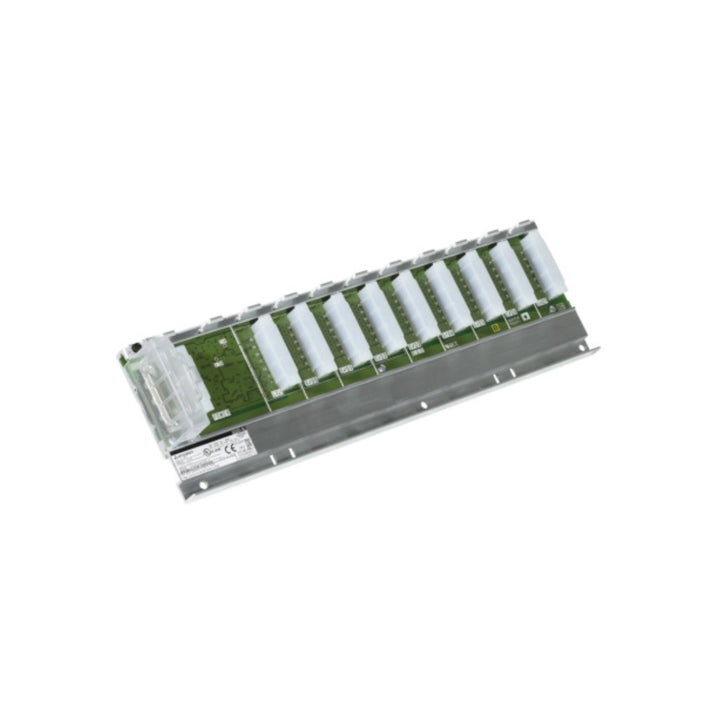 Mitsubishi Q38B base unit, 8-slot, for MELSEC-Q PLC modules, DIN rail or panel mount, with backplane signal and power support.