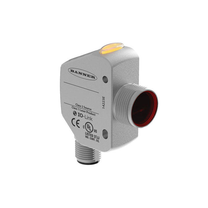 Banner Q4XTKLAF600-Q8 adjustable-field laser sensor, 600 mm range, stainless steel, IO-Link, IP69K.
