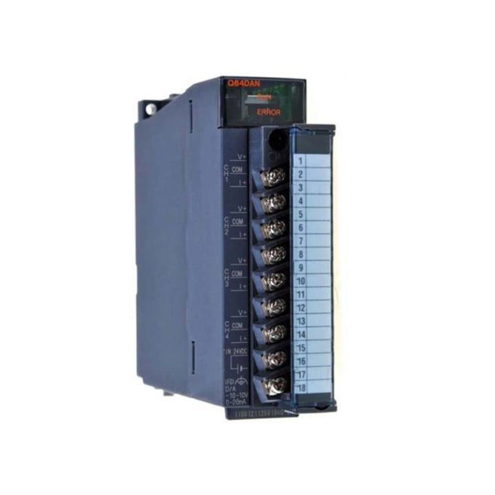 Mitsubishi Q64DAN analog output module, 4-channel, voltage and current output, 12-bit resolution, Q Series PLC.