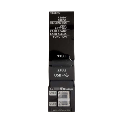 Mitsubishi R04CPU PLC CPU module, 40K steps, 0.98 ns LD instruction speed, 4,096 I/O points, built-in Ethernet &amp; USB ports.