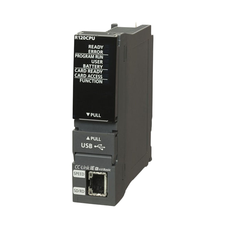 Mitsubishi R08CPU high-speed CPU module, 40k steps, 0.9 ns processing, iQ-R Series, dual ports, SD card slot.