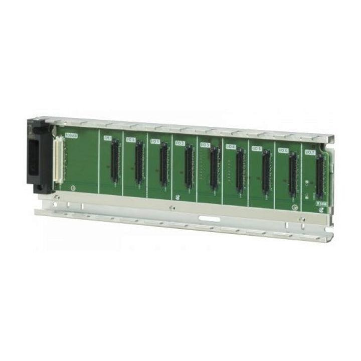 Mitsubishi R38B base unit, 8-slot, for MELSEC iQ-R Series PLCs, DIN rail or panel mount, with power and signal backplane.