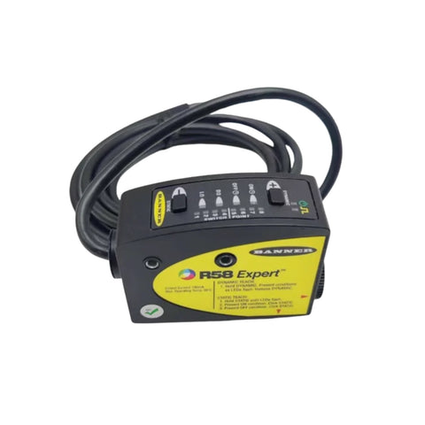 Banner R58ECRGB1 RGB registration mark sensor with 10 mm focus, bipolar output and IP67 protection.