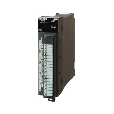Mitsubishi R60AD4 analog input module, 4-channel, 16-bit resolution, voltage/current input, iQ-R Series.