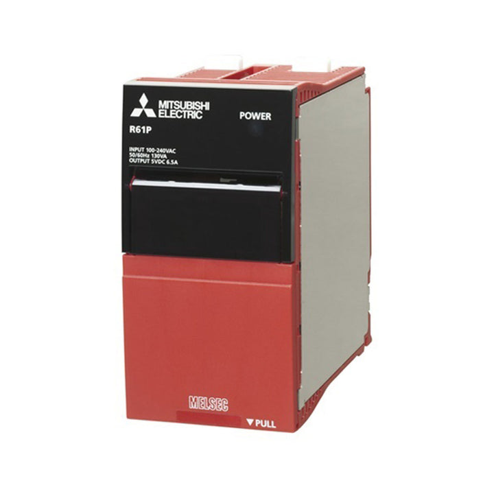 Mitsubishi R61P power supply module, 5V 6A output, 100–240V AC input, for MELSEC iQ-R PLC systems.
