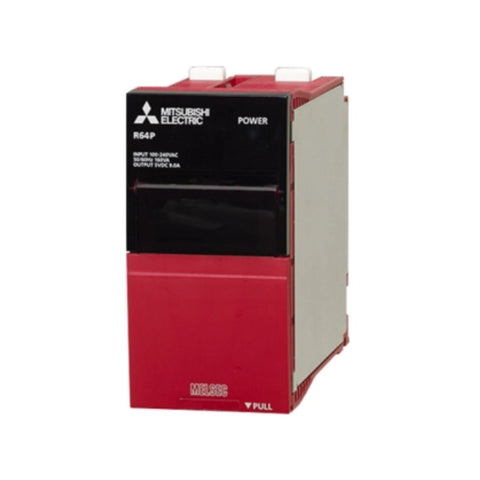 Mitsubishi R64P power supply module, 64W, 24V DC input, compact design for iQ-R Series PLCs, DIN rail mountable.