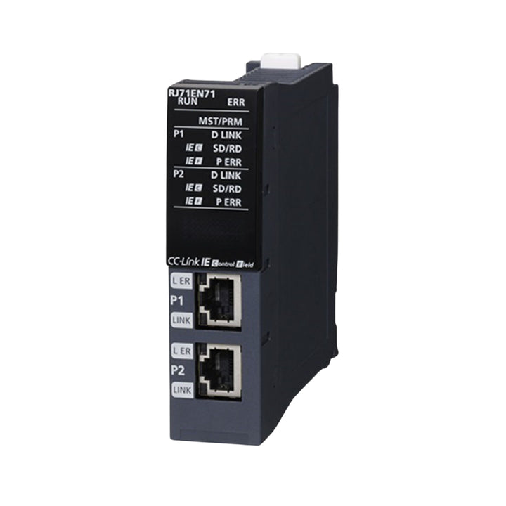 Mitsubishi RJ71EN71 Ethernet module, 2-port, CC-Link IE Field, SLMP, and SNTP support for MELSEC iQ-R Series PLCs.