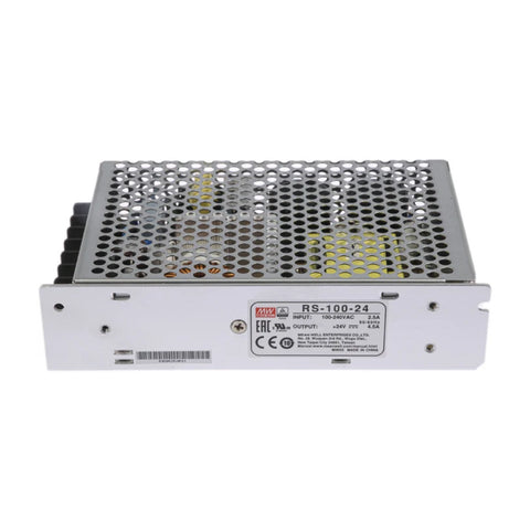 Mean Well RS-100-24 enclosed power supply, 100 W, 24 V DC, 4.5 A, compact and efficient for industrial applications.