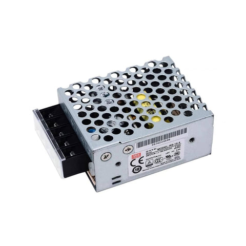 Mean Well RS-15-5 enclosed power supply, 15 W, 5 V DC, 3 A, compact and reliable for industrial and automation systems.