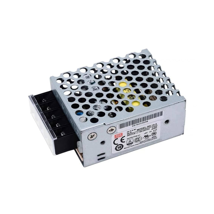 Mean Well RS-15-5 enclosed power supply, 15 W, 5 V DC, 3 A, compact and reliable for industrial and automation systems.