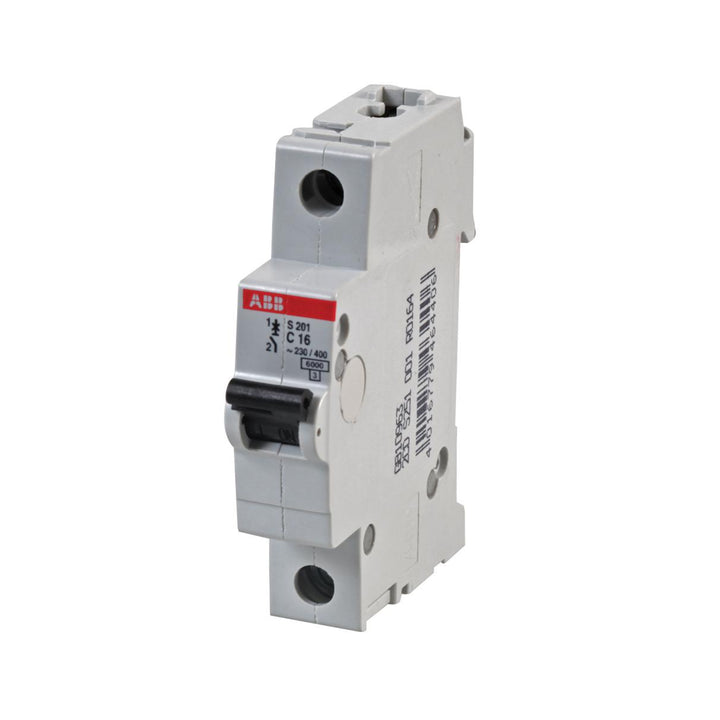 ABB S201-C16 miniature circuit breaker, 16A 1-pole, 6 kA, C-curve, DIN rail mount, for electrical distribution and overload protection.