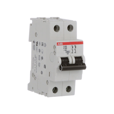 ABB S202-C63 miniature circuit breaker, 63A, 2-pole, C curve, DIN rail