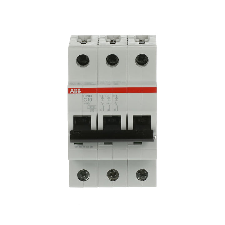 ABB S203-C10 3-pole 10 A MCB, C curve, 6 kA, DIN rail mount for circuit protection