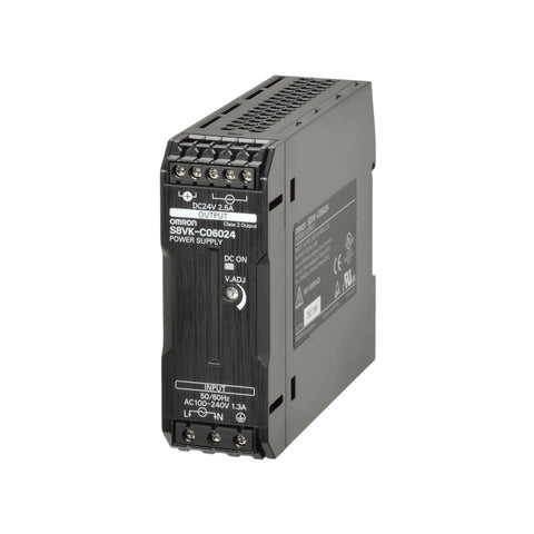 Omron S8VK-C06024 60W DIN rail power supply with 24V DC output, universal AC/DC input, and compact design for industrial applications.