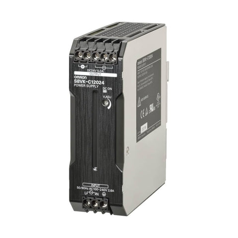 Omron S8VK-C12024 power supply, 120W 24V DC output with wide AC/DC input range, compact DIN rail design for industrial automation.