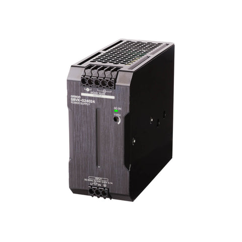 Omron S8VK-G24024 240W DIN rail power supply with 24V DC output, universal AC/DC input, and compact design for industrial applications.
