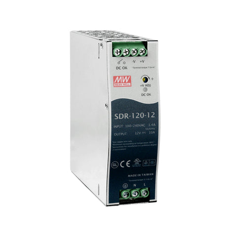 Mean Well SDR-120-12 DIN rail power supply, 120 W, 12 V DC, 10 A, compact and reliable for industrial automation.