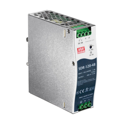 Mean Well SDR-120-48 DIN rail power supply, 120 W, 48 V DC, 2.5 A, compact and reliable for industrial automation.