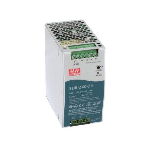 Mean Well SDR-240-24 DIN rail power supply, 240 W, 24 V DC, 10 A, high efficiency for industrial automation.