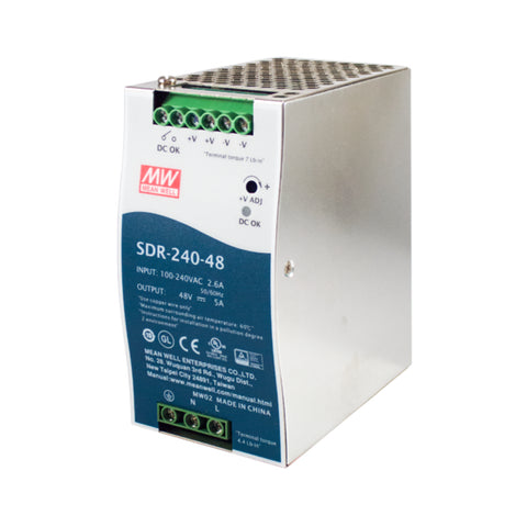 Mean Well SDR-240-48 DIN rail power supply, 240 W, 48 V DC, 5 A, high efficiency for industrial automation systems.