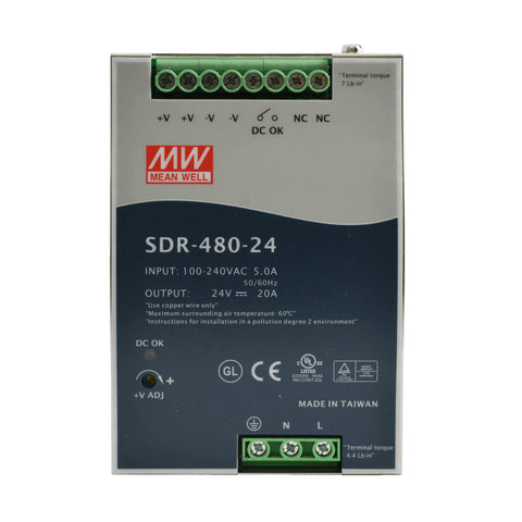 Mean Well SDR-480-24 DIN rail power supply, 480 W, 24 V DC, 20 A, slim and efficient for industrial automation systems.