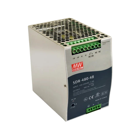 Mean Well SDR-480-48 DIN rail power supply, 480 W, 48 V DC, 10 A, high efficiency for industrial automation systems.