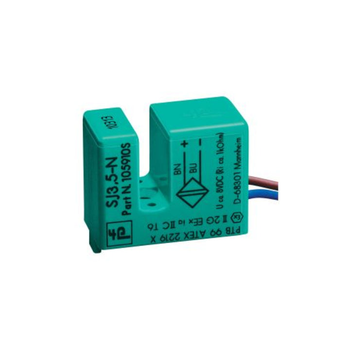 Pepperl+Fuchs SJ3,5-N inductive slot sensor with 3.5 mm slot width, NAMUR NC output, IP67 rating, and SIL 2 compliance for precise position detection.