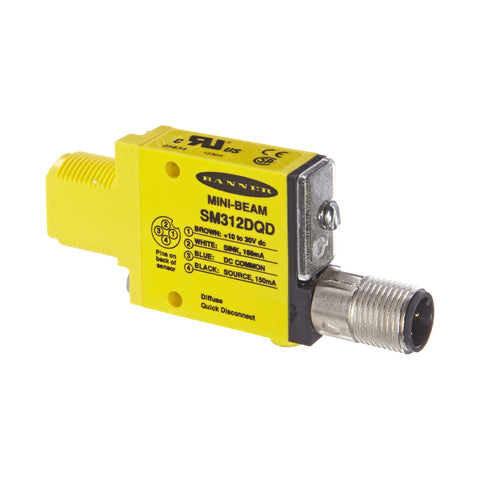 Banner Engineering SM312DQD diffuse mode photoelectric sensor, 200 mm range, 10–30 V DC, QD connector