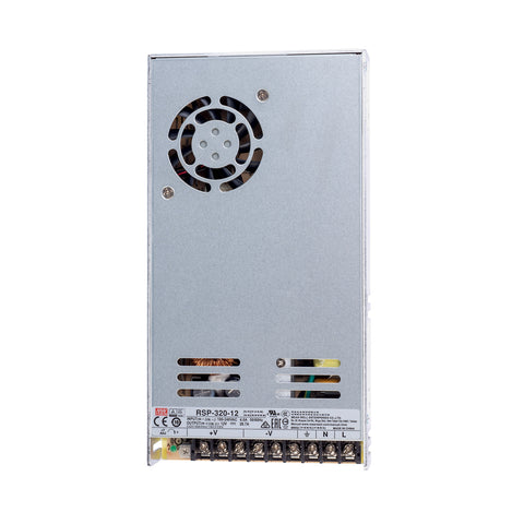 Mean Well SP-320-12 enclosed power supply, 320 W, 12 V DC, 26.7 A, with PFC and fan cooling for industrial systems.