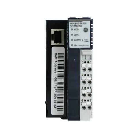 GE Fanuc STXMBE001 Modbus TCP/IP slave network adapter, 24VDC powered, expandable to 32 modules, for RSTi I/O systems.