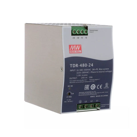Mean Well TDR-480-24 three-phase industrial power supply, 480 W, 24 V DC, 20 A, efficient and reliable for automation systems.